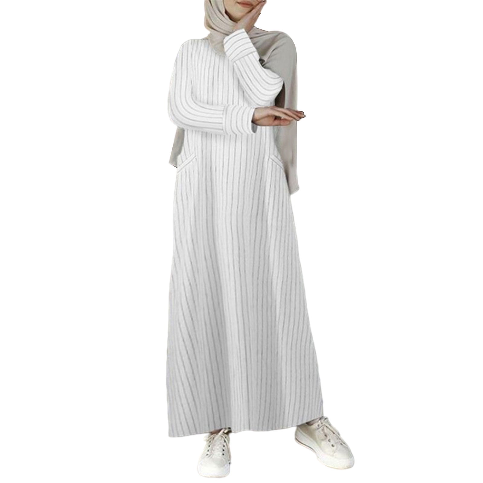 Women Muslim Cotton Linen A-Line Maxi Dress Long Sleeve Striped Print ...