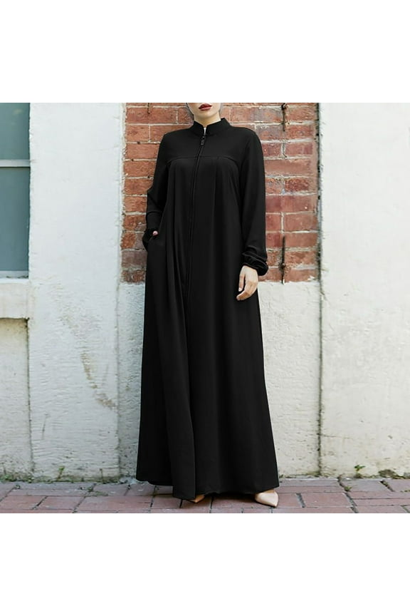 Women Muslim Dress Ramadan Clothes For Women'S Muslim Style Stand Zipper Loose Casual Dress 0 Black XXL
