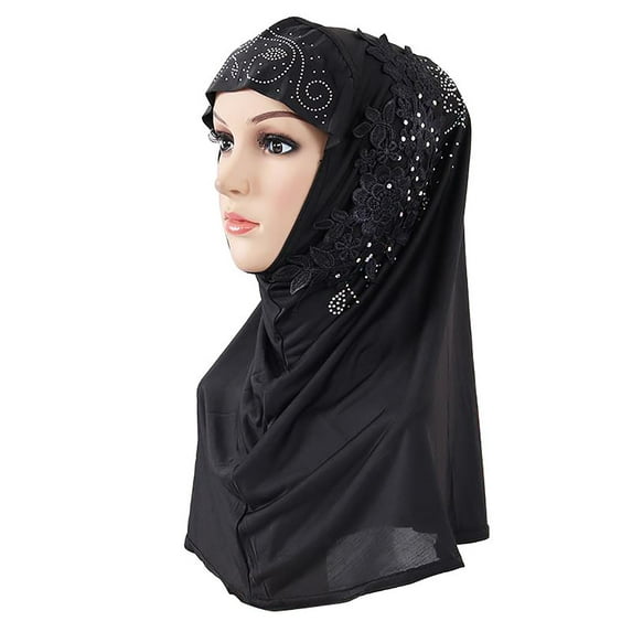 Women Muslim Hijab Scarf, Fashion Casual Solid Color Lace Rhinestone Design Soft Cozy Islamic Turban Cap Wrap Head Scarf Pull on Headwear for Daily Wear