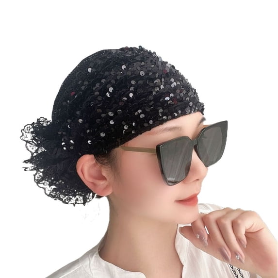 Women Muslim Shiny Beanie Hat Lace Hair Cover Cap Head Wraps Headscarf Turban Hats BLACK