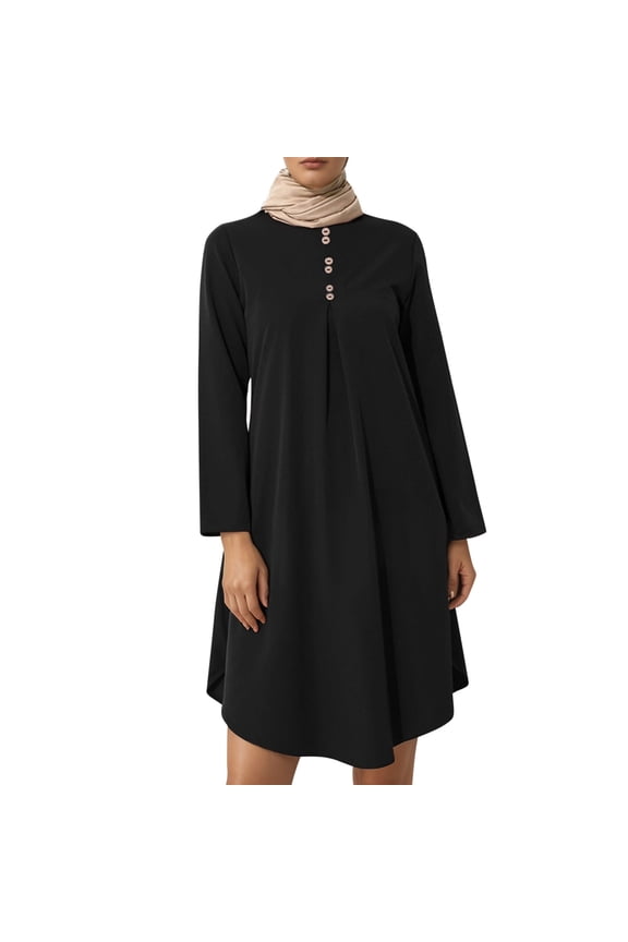 Women Solid Color Button Stitching Dress - Long Sleeve Prayer Clothes with Crew Neck
