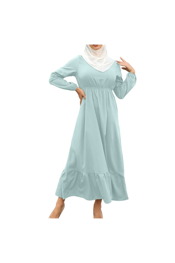 Women Muslim Summer Dresses Hooded Neck Zipper Solid Color Long Sleeve Maxi Dress Hoodie Casual Modest Dress