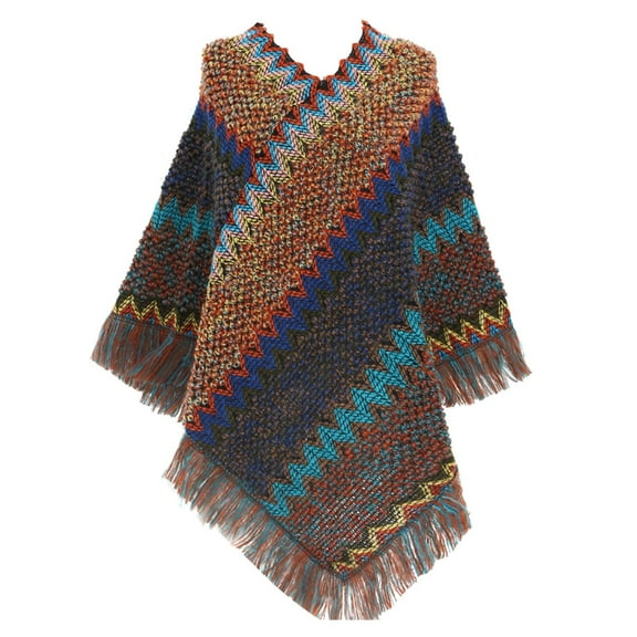 Women Nationl Print Colourful Splice Poncho With Tassels Knitted Shawl Scarf Fringed Wraps Pashminas Sweater Pullover Cape Gifts For Tassel Hem Wrap Cloak Sweaters For Women