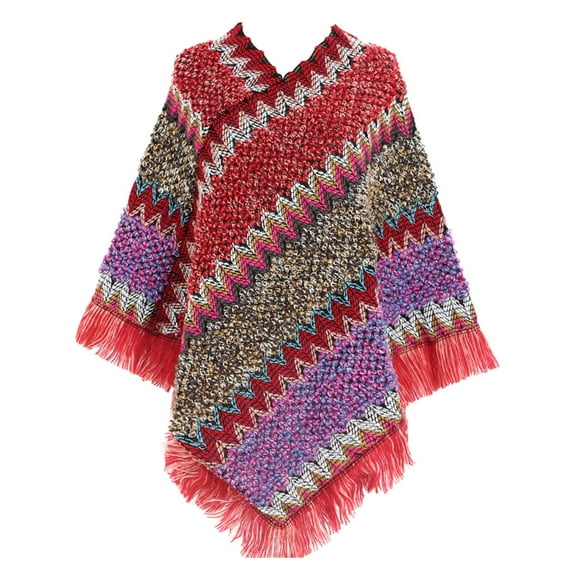Women Nationl Print Colourful Splice Poncho With Tassels Knitted Shawl Scarf Fringed Wraps Pashminas Sweater Pullover Cape Gifts For Women Sweater Tassel Hem Shawl Wrap Cloak Women's Scarfs Winter Hat