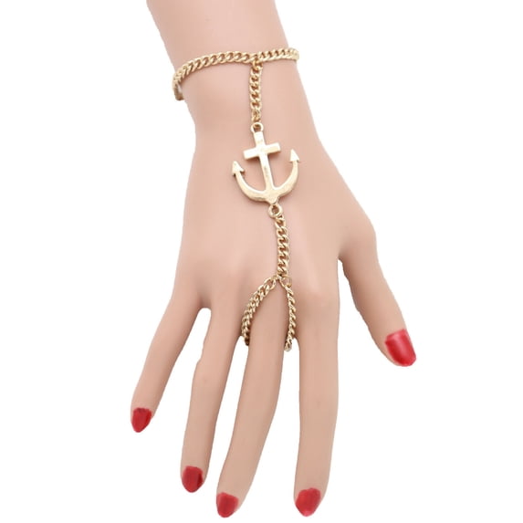 Women Nautical Bracelet Gold Metal Hand Chain Anchor Charm Ring Casual Day Wear