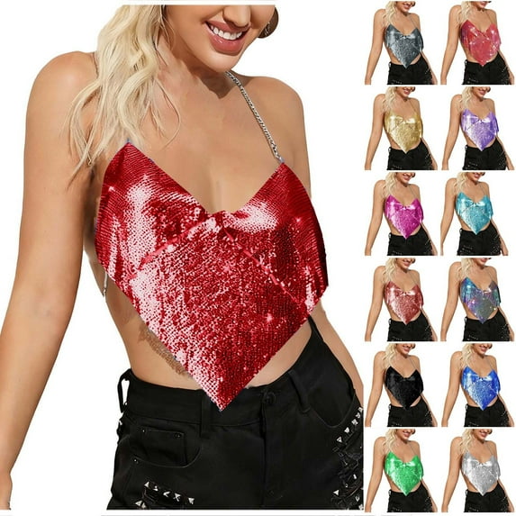 Women Neck Rhinestone Crop Top for Women V Backless Chest Chain Tank Top Festival Rave Club Spaghetti Strap Tops Hot Pink