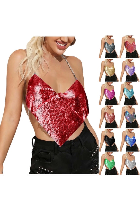 Women Neck Rhinestone Crop Top for Women V Backless Chest Chain Tank Top Festival Rave Club Spaghetti Strap Tops Purple