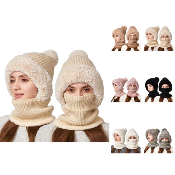 Women Neck Warmer Beanie Hat - Plush Knit Integrated Scarf Mask Combo, Ear Flap Windproof Warm Stocking Stuffers, For Winter Outdoor Sports Activities
