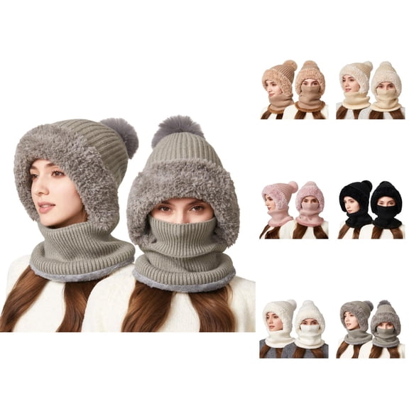 Women Neck Warmer Beanie Hat - Plush Knit Integrated Scarf Mask Combo, Ear Flap Windproof Warm Stocking Stuffers, For Winter Outdoor Sports Activities