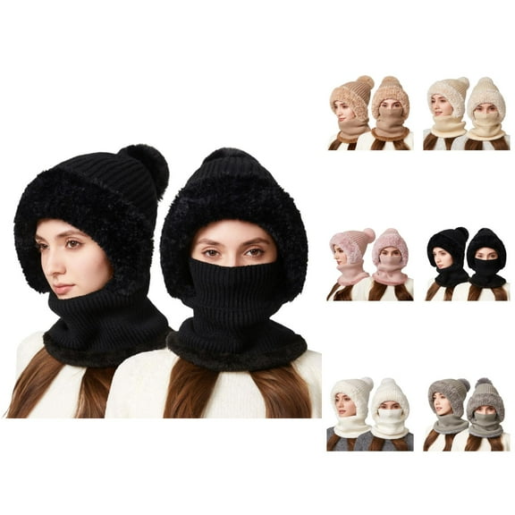 Women Neck Warmer Beanie Hat - Plush Knit Integrated Scarf Mask Combo, Ear Flap Windproof Warm Stocking Stuffers, For Winter Outdoor Sports Activities