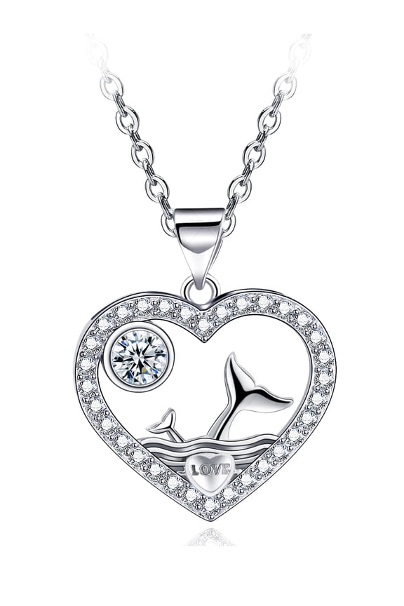 Women Necklace 14k White Gold Plated Love Heart Whale Tail CZ Diamond Pendant Jewelry