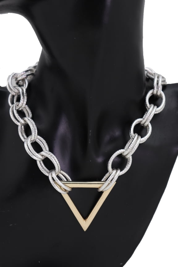 Women Necklace Silver Metal Chain Links Gold Triangle Pendant