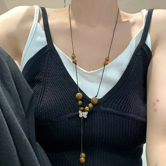 Women Necklace Vintage Ethnic Chinese Style Butterfly Pendant Long Dress Up Handmade Ladies Charm Beaded Necklace Jewelry Gift