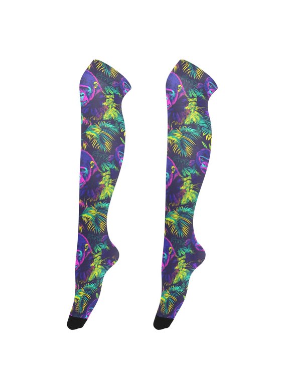 Women Neon Funny Gorillas Pattern Over Knee Thigh High Socks