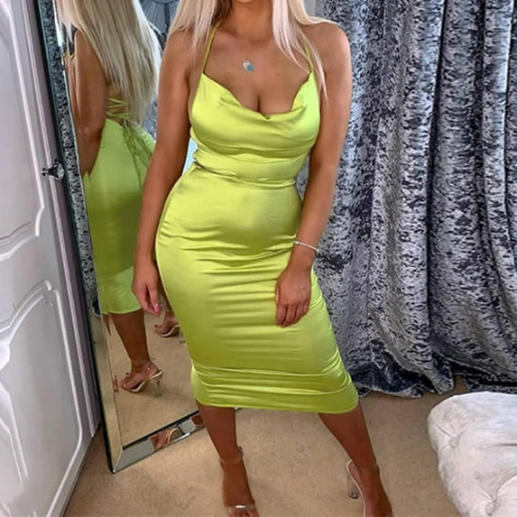 Women Neon Satin Sexy Bodycon Elegant Backless Long Midi Dress for Cocktail Party Clubwear