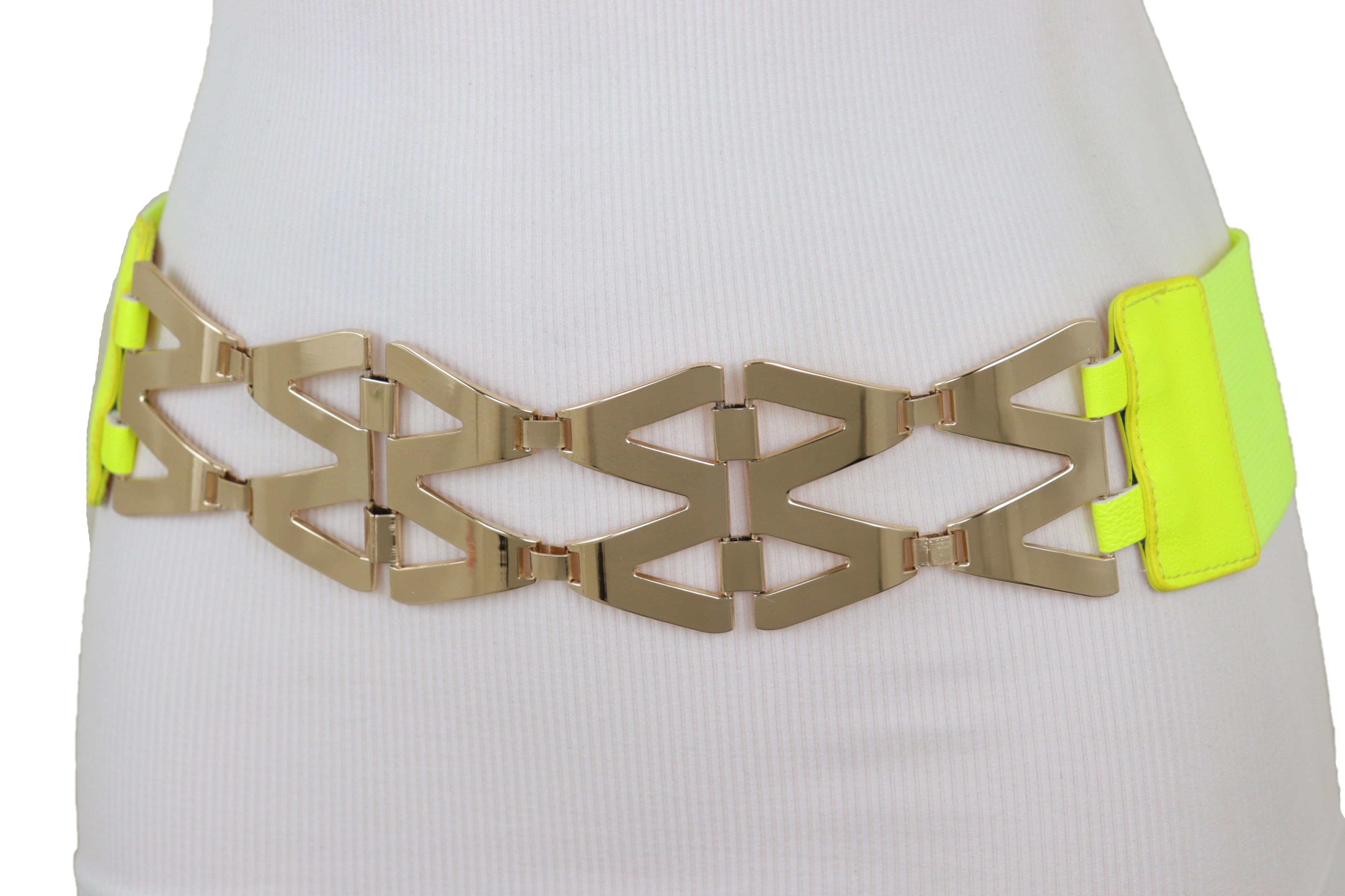Women Neon Yellow Elastic Belt Gold Metal XX Links S M  display picture 1