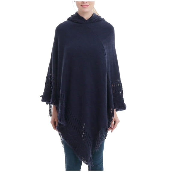 Women New Autumn And Winter Solid Color Hedging Knitted Shawl Cloak With Hood Coat