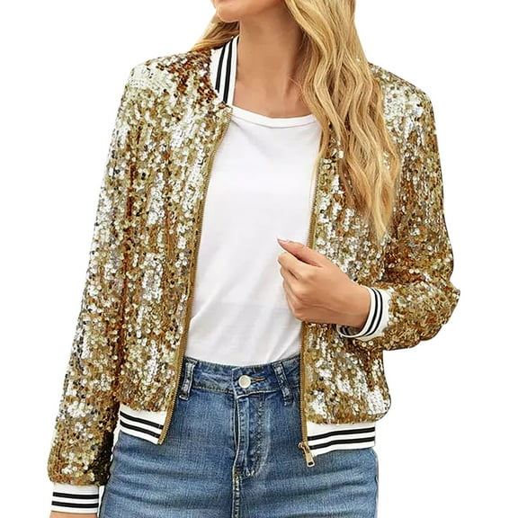 Women New Ladies Sequin Sequin Stripe Long Sleeve Casual Fashion Plus Size Coat