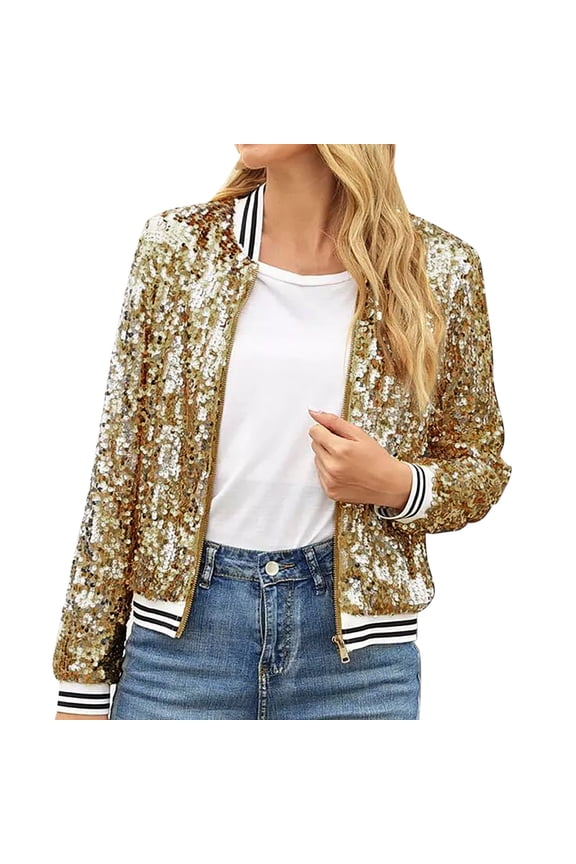 Women New Ladies Sequin Sequin Stripe Long Sleeve Casual Fashion Plus Size Coat