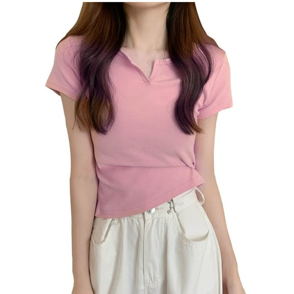 Women New Solid-color V-neck Short-sleeved Casual Top T-shirt