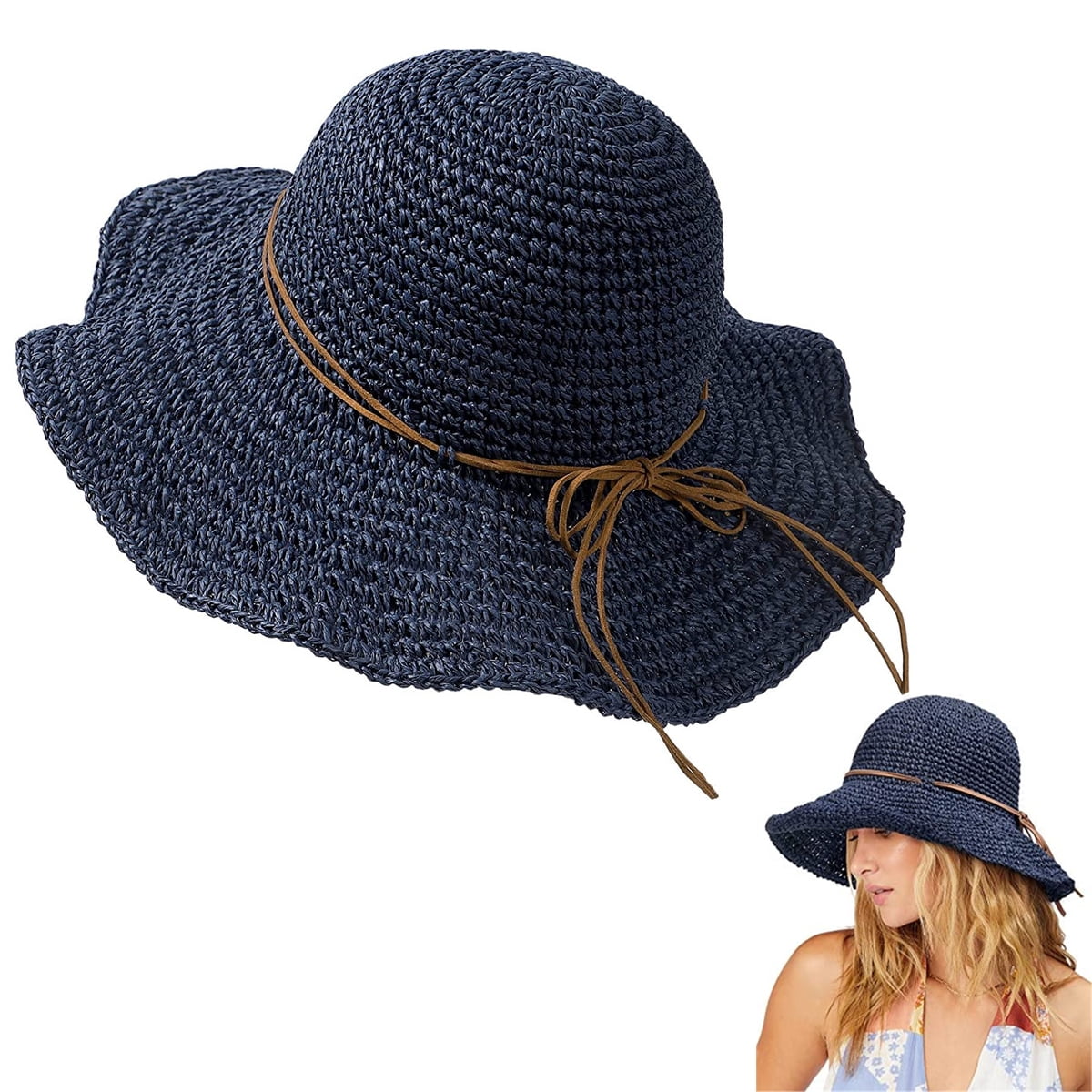 Women New Summer Straw Hat Wide Brim Beach Foldable Bow Straw Sun Hat