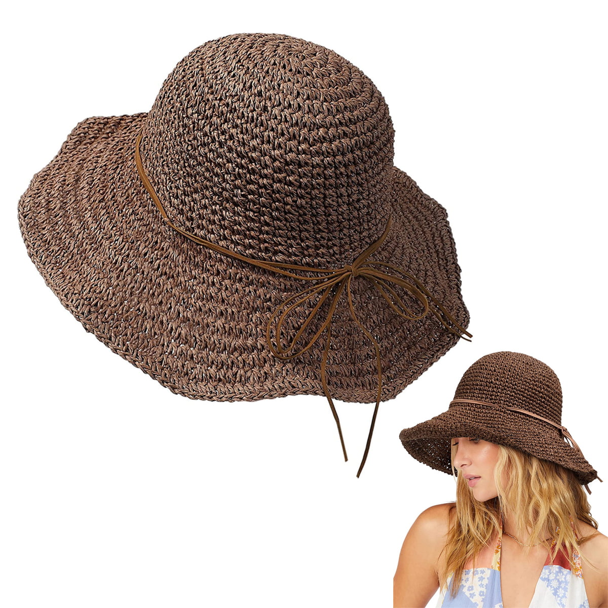 Women New Summer Straw Hat Wide Brim Beach Foldable Bow Straw Sun Hat 