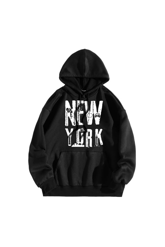 Women New York City Letter Print Hoodie Crewneck Long Sleeve Pullover Front Pocket Sweatshirt Top Black