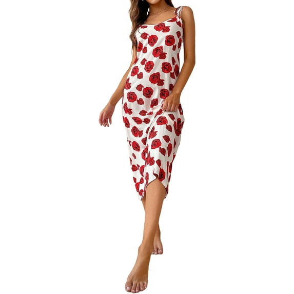 Women Night Dress Rose Print Sleeveless Nightgowns Spaghetti Straps Sleep Dress Summer Sleepwear