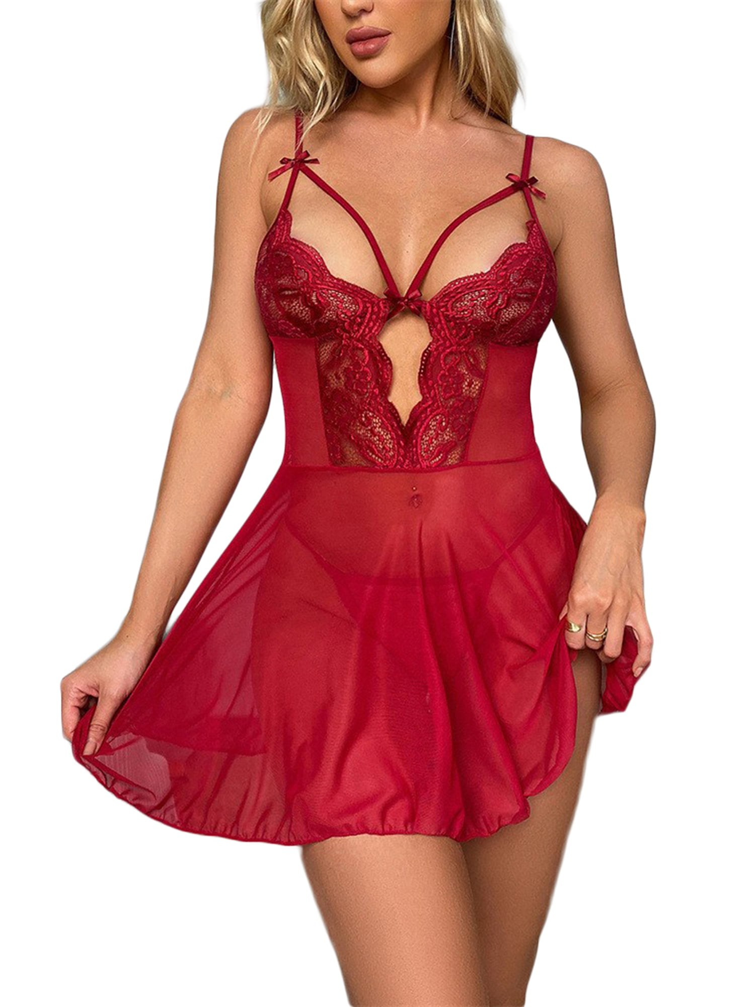 Lingerie for Women Sexy Naughty Push Up Bra Bow Tie Mesh Lace Erotic  Suspender Nightgown See-Through Nightgown
