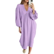 Women Nightdress, Long Sleeve V-neck Loose Sleepwear Loungewear