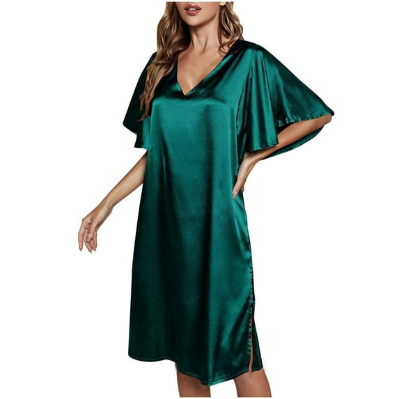 Women Nightdress Solid Color Ice Silk Nightdress Summer Short Sleeve Bridal Party Soft Satin Gowns Sleepwear