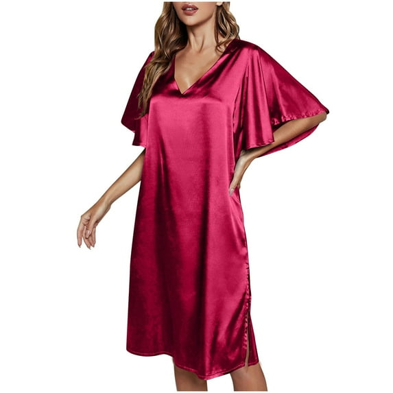 Women Nightdress Solid Color Ice Silk Nightdress Summer Short Sleeve Bridal Party Soft Satin Gowns Sleepwear