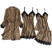 Women Nightgown 4 Pack BWASD Fashion Leopard Print Satin Silk Pajama Set 4PCS Lace Trim Chemise Nightdress Shorts Set Loungewear Sleepwear for Women Nightwear Gift Brown,M