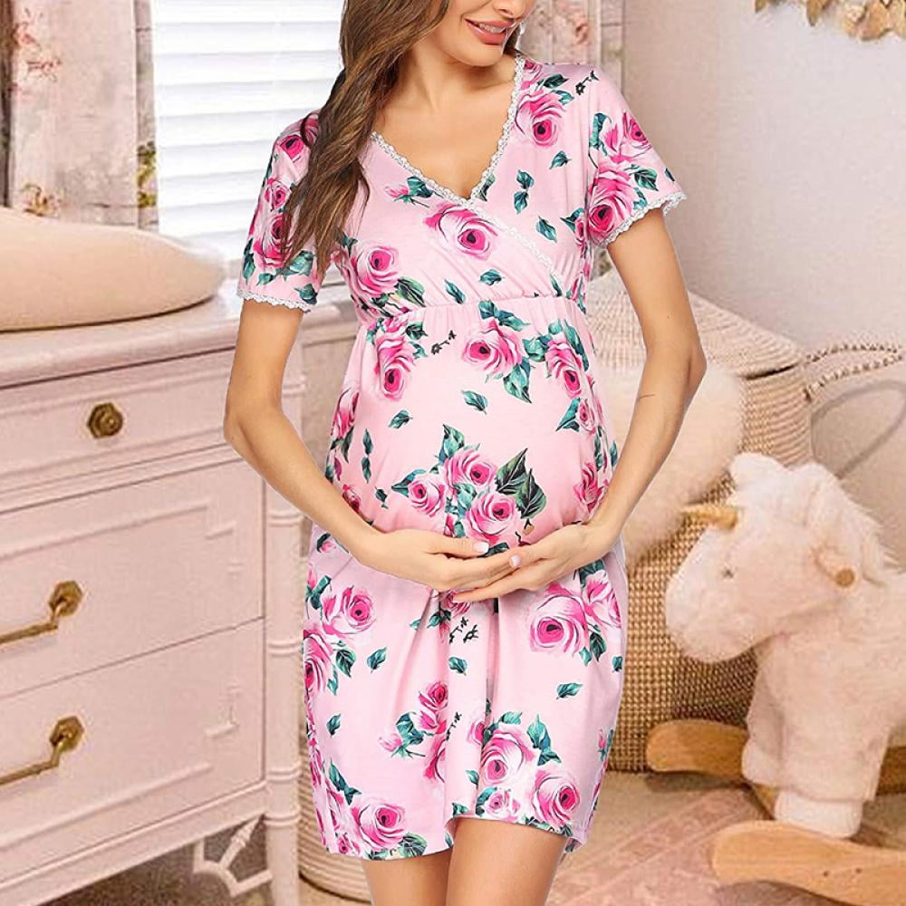 Women Nightgown Floral Nursing Nightgown Breastfeeding Sleep Dress