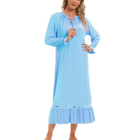 Women Nightgown Long Sleeve Boat Neck Sleepwear Soft Comfy Loungewear Calf-Length Victorian Style Sleeping Dress Vintage Nightshirt, Blue S-2XL