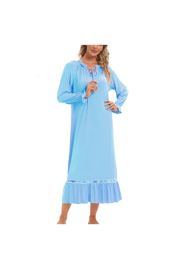Women Nightgown Long Sleeve Boat Neck Sleepwear Soft Comfy Loungewear Calf-Length Victorian Style Sleeping Dress Vintage Nightshirt, Blue S-2XL