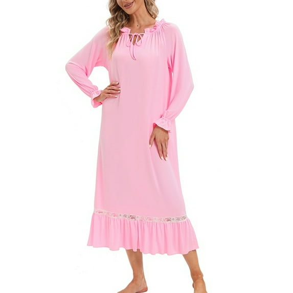Women Nightgown Long Sleeve Boat Neck Sleepwear Soft Comfy Loungewear Calf-Length Victorian Style Sleeping Dress Vintage Nightshirt, Pink S-2XL