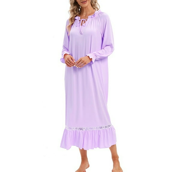 Women Nightgown Long Sleeve Boat Neck Sleepwear Soft Comfy Loungewear Calf-Length Victorian Style Sleeping Dress Vintage Nightshirt, Purple S-2XL
