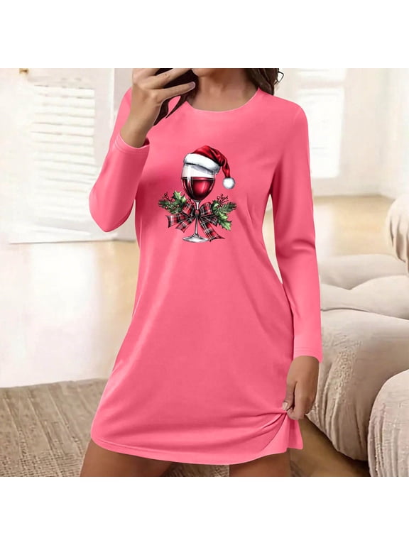 Women Nightgown Long Sleeve Christmas Print Sleepshirts Soft Knee Length Pajama Sleepwear Hot Pink XL
