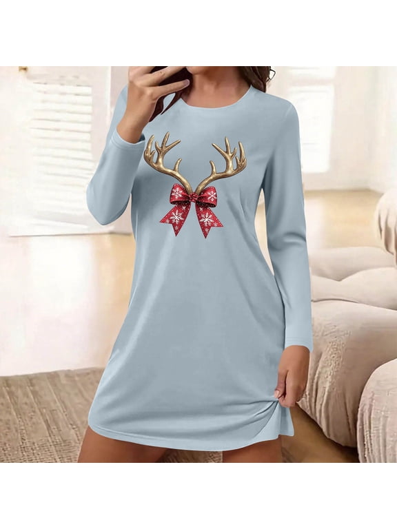 Women Nightgown Long Sleeve Christmas Print Sleepshirts Soft Knee Length Pajama Sleepwear Light Blue S