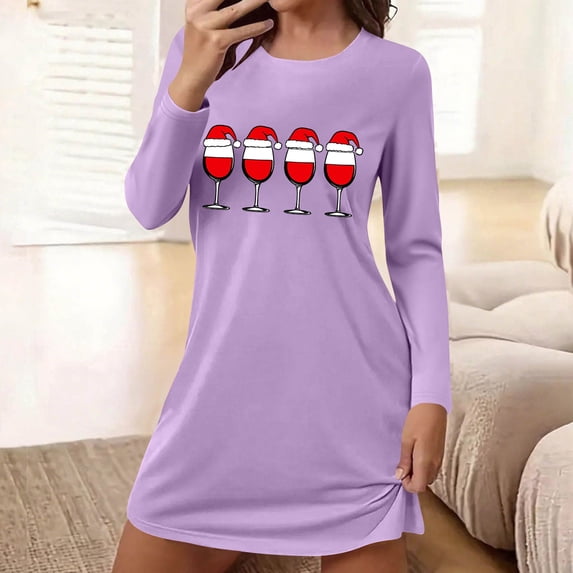 Women Nightgown Long Sleeve Christmas Print Sleepshirts Soft Knee Length Pajama Sleepwear Purple XXL