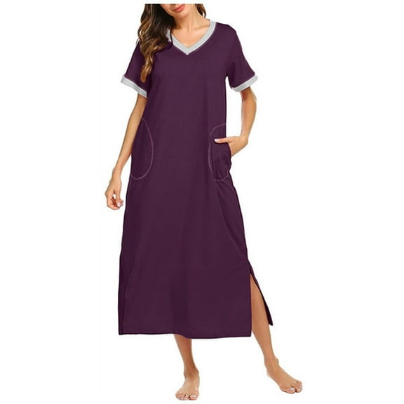 Women Nightgown Short Sleeve Soft Nightshirt Full Length Dress Sleepwear