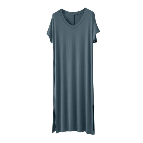 Women Nightgown Side Slit Long Nightshirt Short Sleeve V Neck Full Length Sleepwear Sleep Shirt for Women