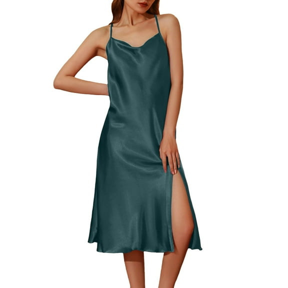Women Nightgown Soft Comfortable Loungewear Open Leg Side Slits Solid Color Sleepwear