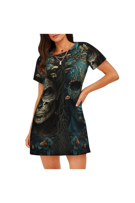 Women Nightgowns Nightshirts Short Sleeve Sleepshirts Sleepwear Sleepdress, Skulls Gothic Day Of The Dead Skull Lovers