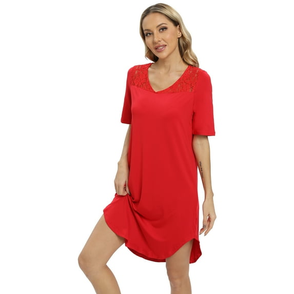 Women Nightgowns Sexy Sleep Shirts Lace Trim Nightdress V Neck Short Sleeve Pajama Night Sleepwear Soft Nightshirt Homewear,Red S-XXL