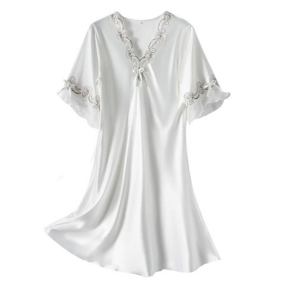 Women Nightgowns Sexy Sleep Shirts Lace Trim V Neck Short Sleeve Night Sleepwear Soft Nightshirt