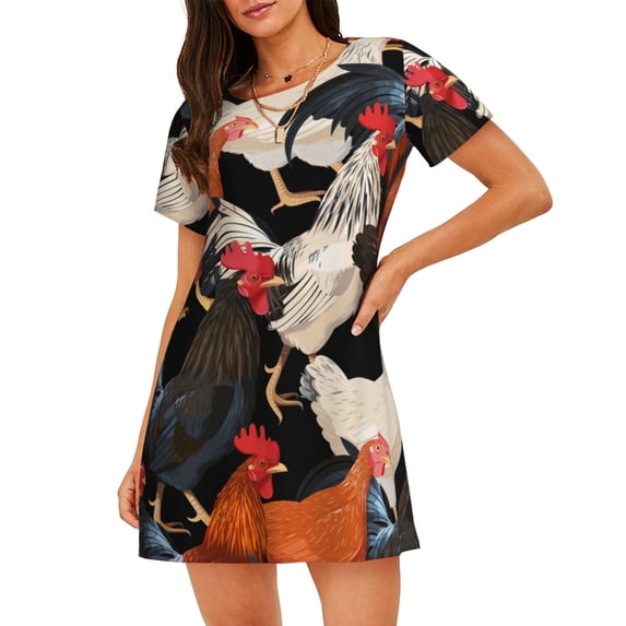 Women Nightgowns Short Sleeve Night Gowns Sleep Shirt Nightshirt Sleepwear, Colorful Hens Chicken Vintage