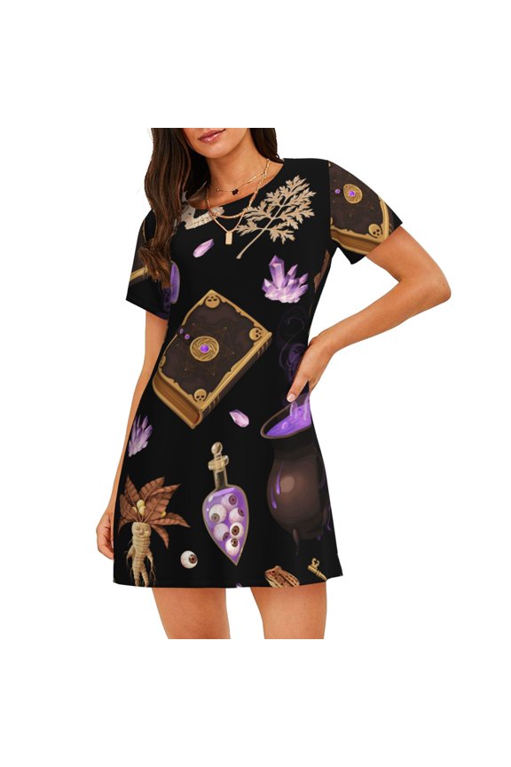 Women Nightgowns Short Sleeve Night Gowns Sleep Shirt Nightshirt Sleepwear, Magic Skull Book Witchcraft