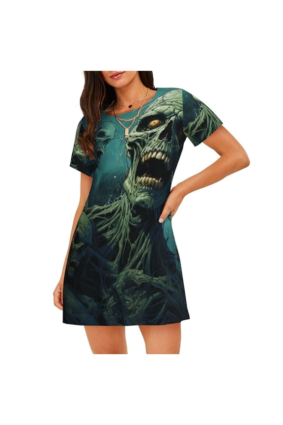 Women Nightgowns Short Sleeve Night Gowns Sleep Shirt Nightshirt Sleepwear, Zombie Skull Art